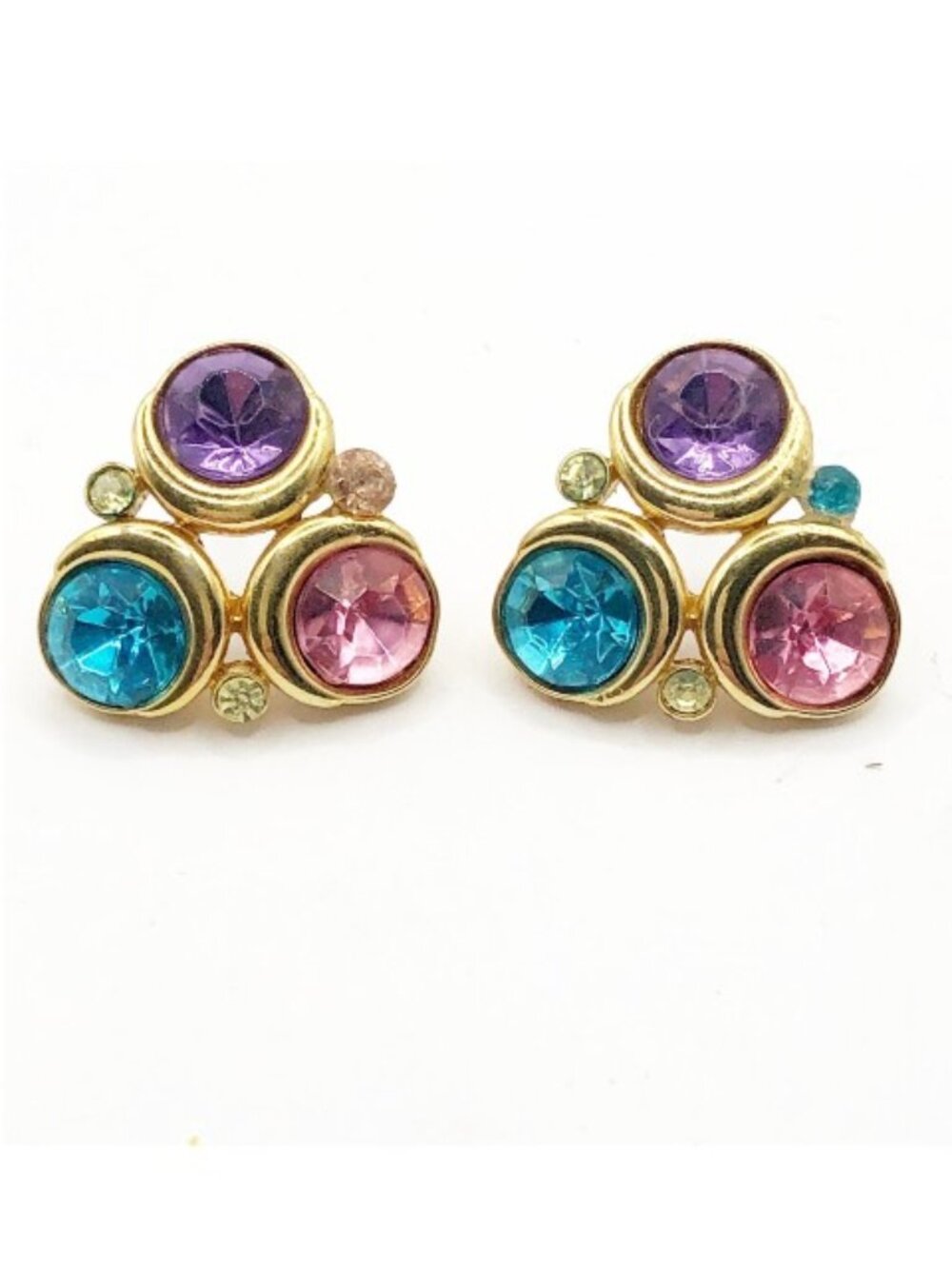Vintage Trifari Post Earrings Pink, Purple & Blue Rhinestones Gold Tone Setting